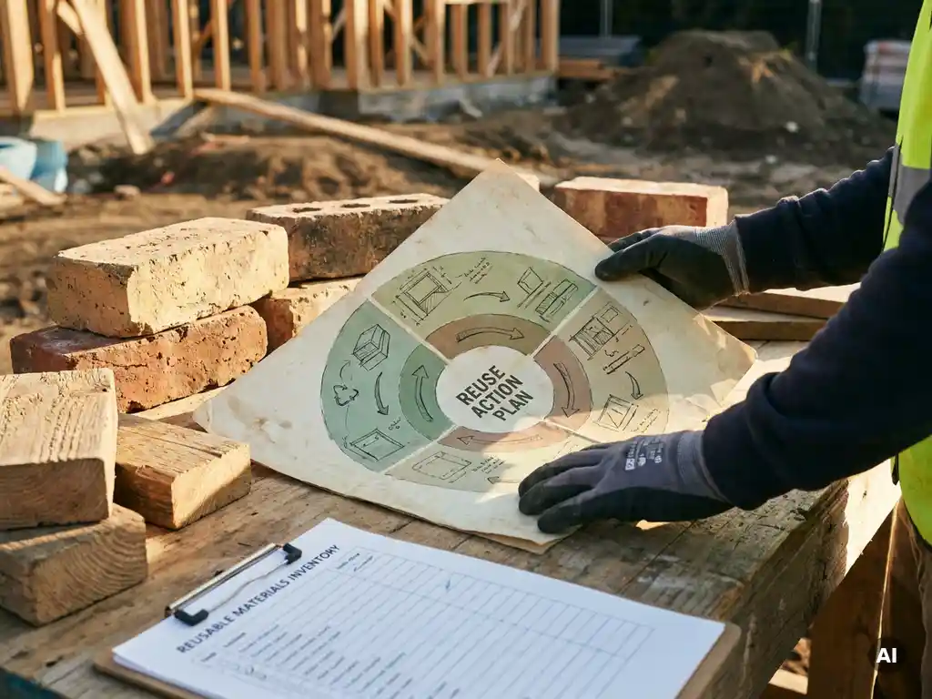 Bouwprofessional spreidt circulair actieplan uit op houten werktafel, omringd door hergebruikte bakstenen, hout en materialeninventaris.
