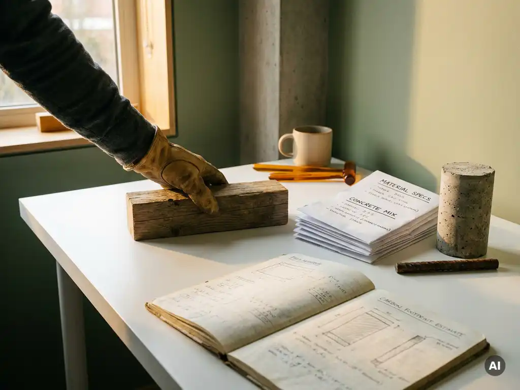 Ingenieur plaatst houten balk naast betonmonsters, staalstaaf en notitieboek met CO₂-berekeningen op witte bureau.