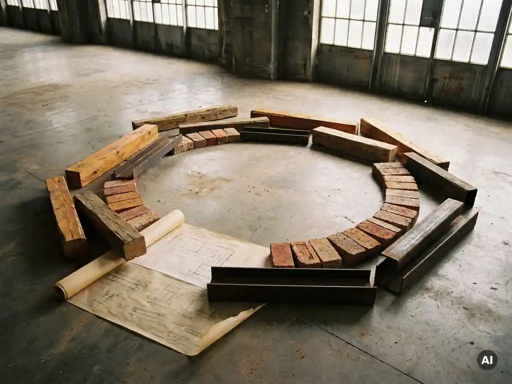 Circulaire opstelling van gerecupereerde houten balken, recycled bakstenen en ruw staal op betonvloer, met architectuurplan eronder.