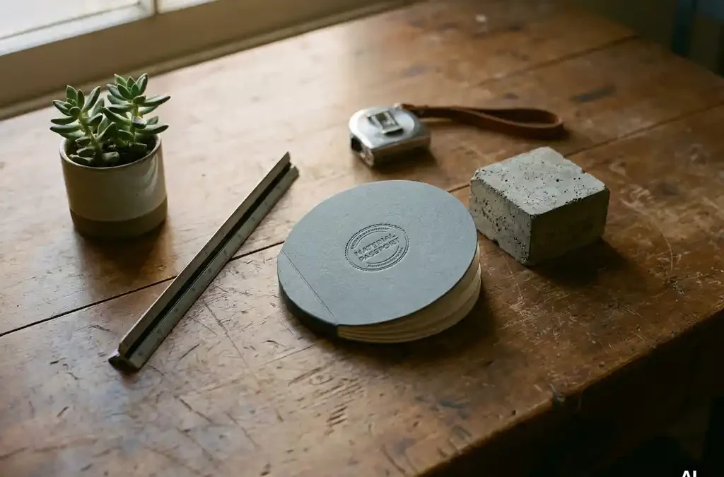 Houten bureau met architectenlineaal, vetplant, materiaalpassport en betonmonster in warm natuurlijk licht.