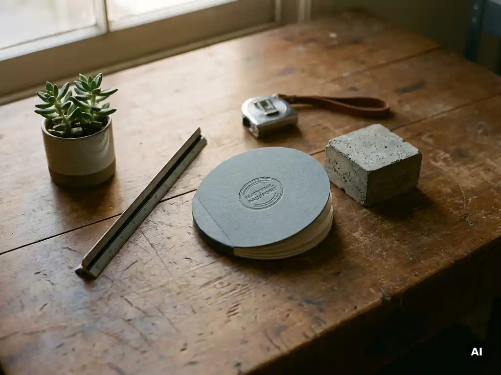 Houten bureau met architectenlineaal, vetplant, materiaalpassport en betonmonster in warm natuurlijk licht.